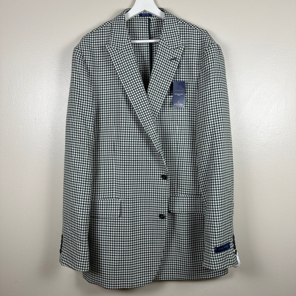 Stafford Men's 48 Long Sport Coat Green Houndstooth Wool Blend Classic Fit NWT